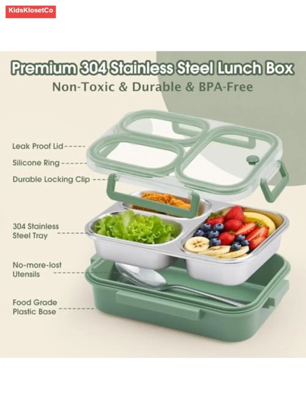 Stainless Steel Bento Box 25oz Leakproof 3 Compartments Kids Adults Lunch